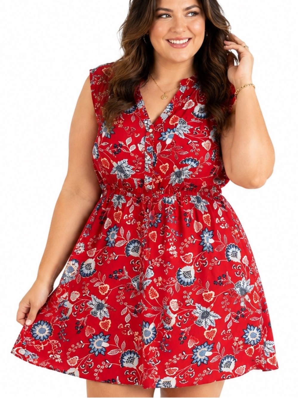 St. John's Bay Red White & Blue Floral V-Neck Mini Dress